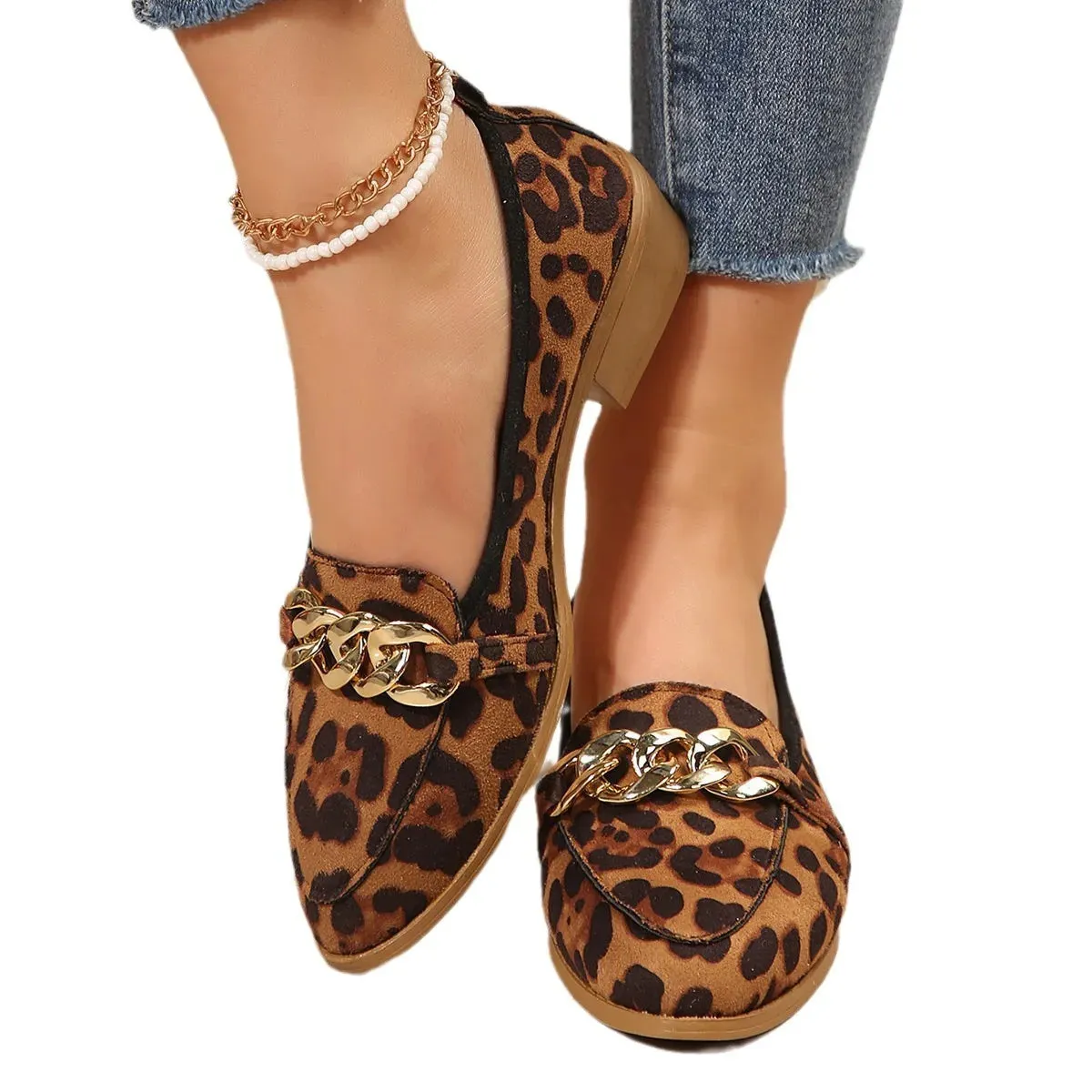 2024 Spring Leopard Print Fashion – Ladies Flat Heel Shoes, Shallow Party Loafers with Soft Sole, Mary Jane Style, Large Size 43
