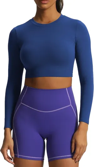 Aoxjox Long Sleeve Crop Tops for Women Classic Longline Workout Cropped T Shirt Top Length
