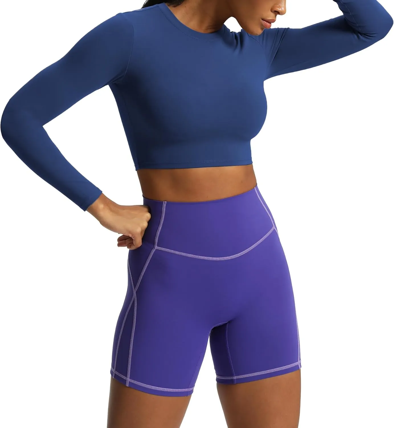 Aoxjox Long Sleeve Crop Tops for Women Classic Longline Workout Cropped T Shirt Top Length