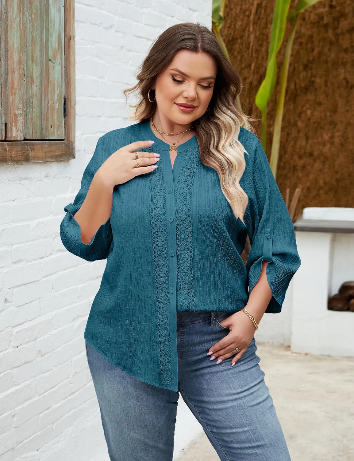 Blooming Jelly Womens Button Down Shirts Lace Crochet Dressy Casual Tops 3/4 Sleeve Work Summer Outfits 2025
