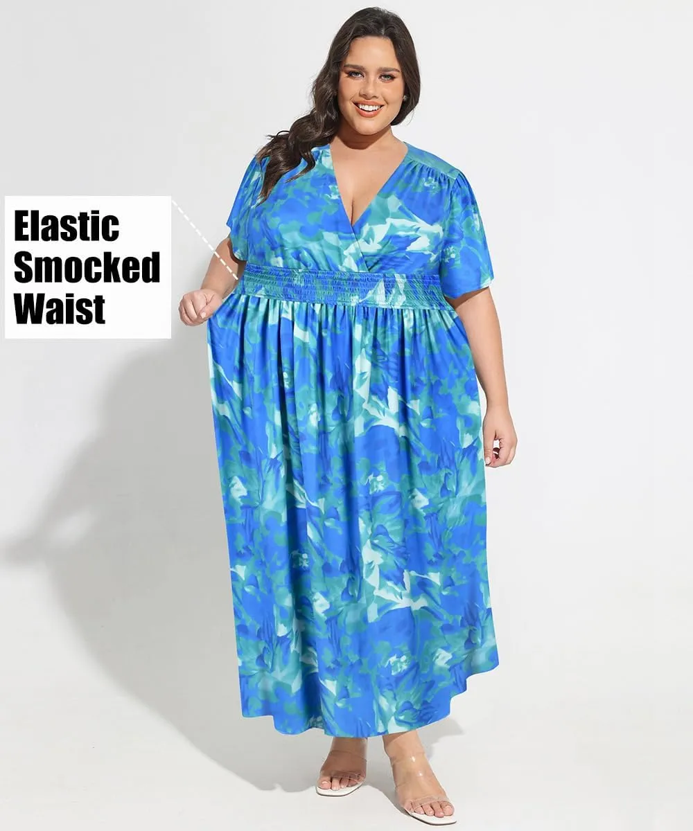 CARCOS Plus Size Dresses for Curvy Women V Neck Summer Maxi Dress Short Sleeve Floral Boho Dress Smocked Waist Beach Dress