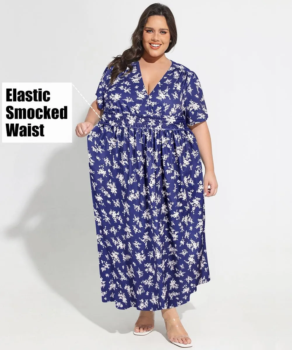 CARCOS Plus Size Dresses for Curvy Women V Neck Summer Maxi Dress Short Sleeve Floral Boho Dress Smocked Waist Beach Dress
