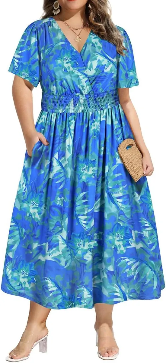 CARCOS Plus Size Dresses for Curvy Women V Neck Summer Maxi Dress Short Sleeve Floral Boho Dress Smocked Waist Beach Dress