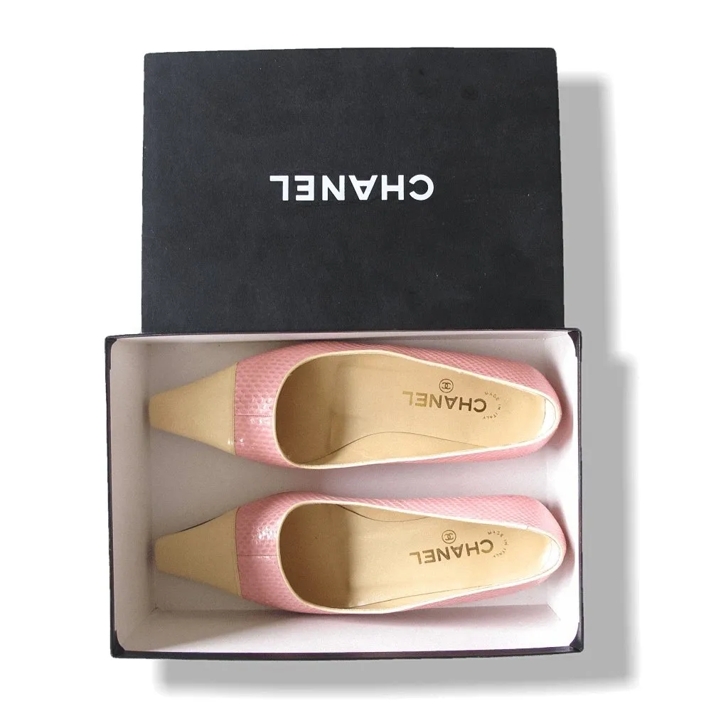 Chanel Vintage Pink Exotic Lizard Square-Toe Flat Women Shoes Sz37.5 NIB!