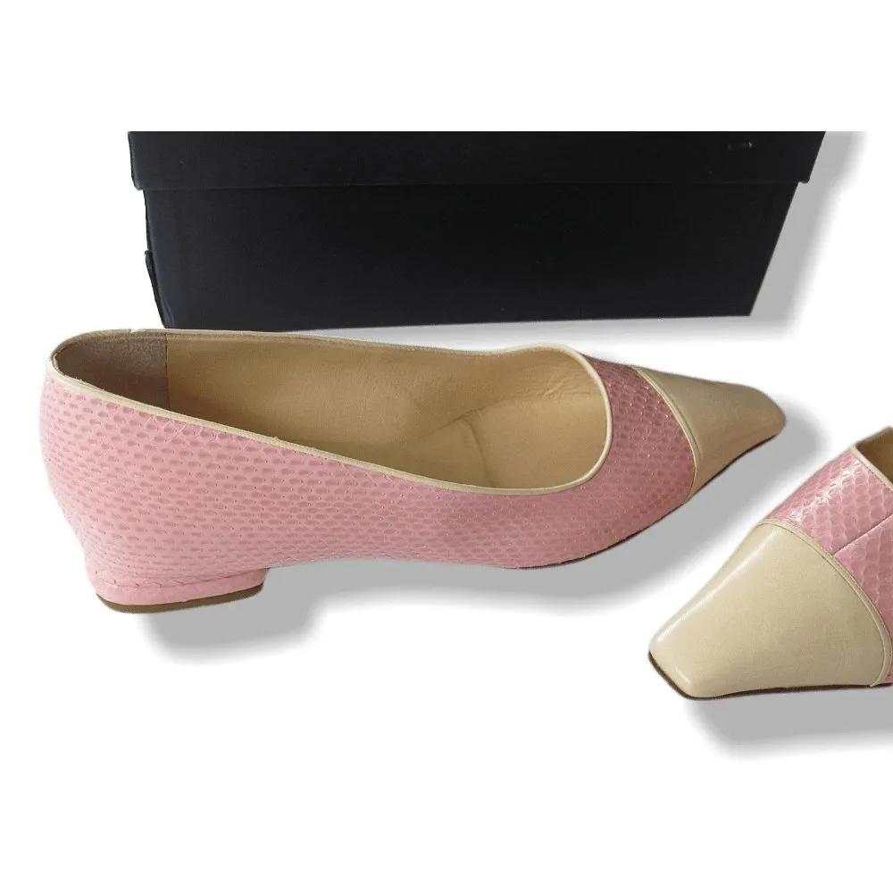 Chanel Vintage Pink Exotic Lizard Square-Toe Flat Women Shoes Sz37.5 NIB!