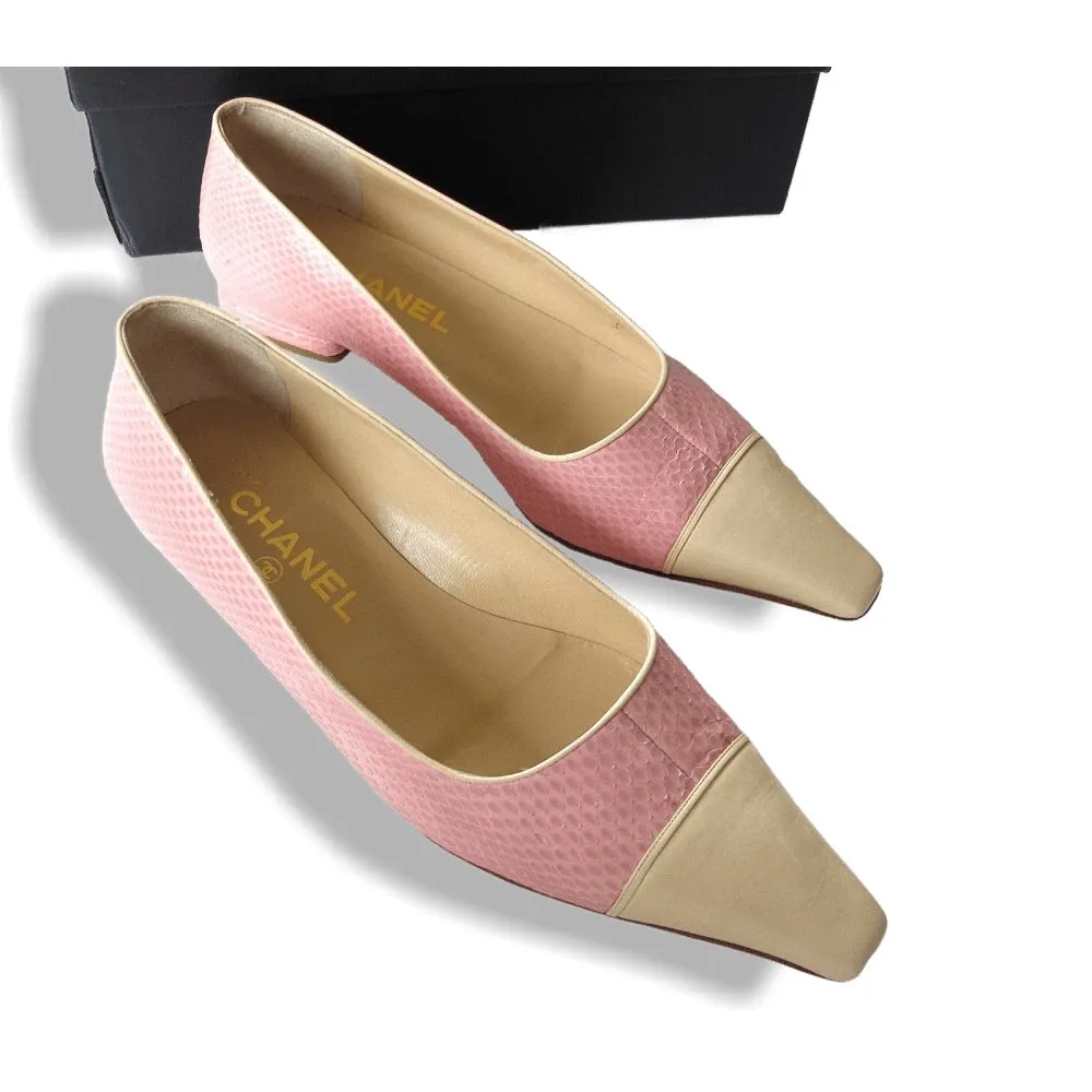 Chanel Vintage Pink Exotic Lizard Square-Toe Flat Women Shoes Sz37.5 NIB!