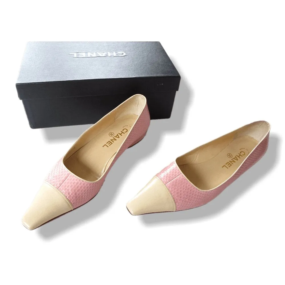 Chanel Vintage Pink Exotic Lizard Square-Toe Flat Women Shoes Sz37.5 NIB!