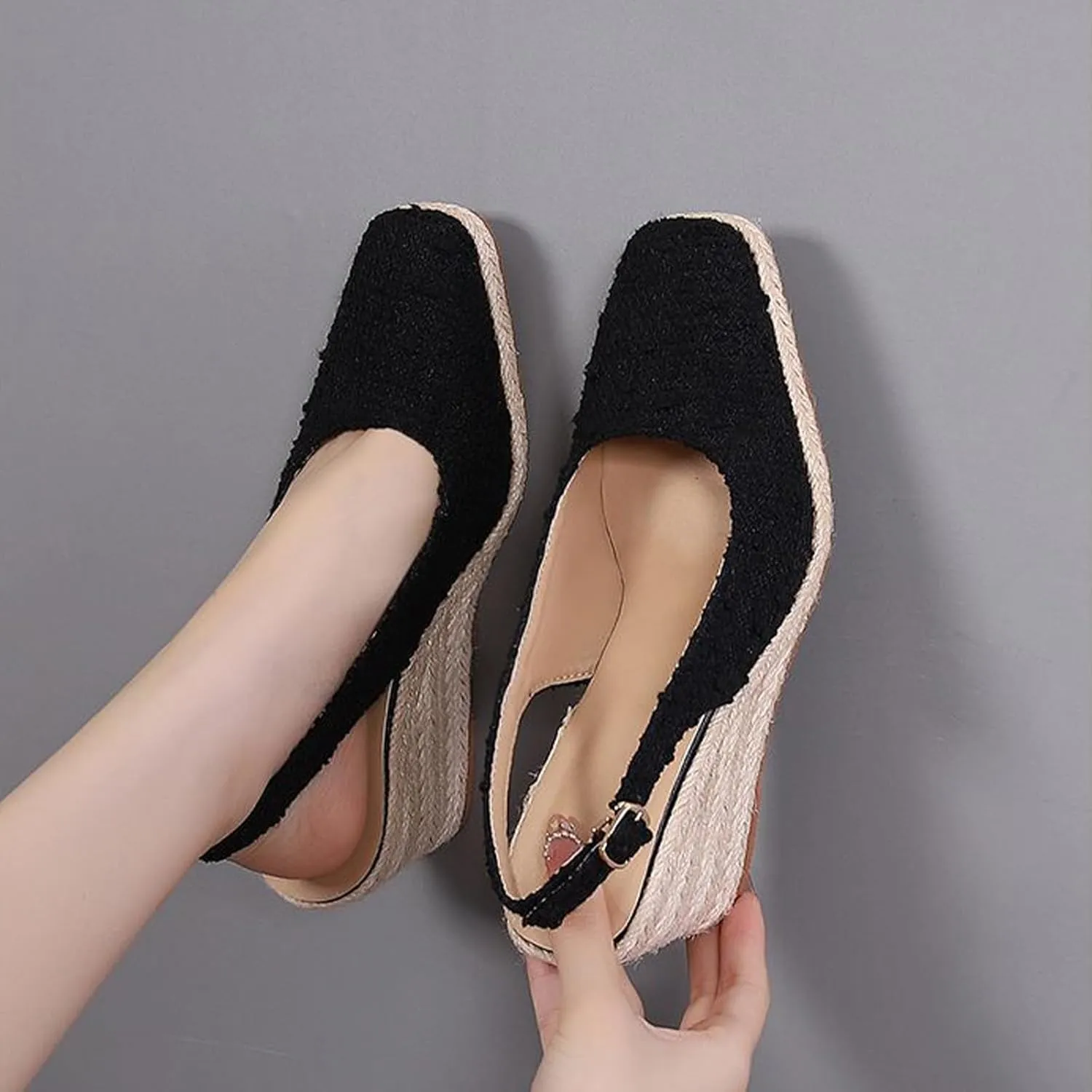 Crepuscute Women's Flax Closed-Toe Espadrille Wedge Sandals with Adjustable Ankle Strap Summer Outdoor Party Comfortable Causal Shoes