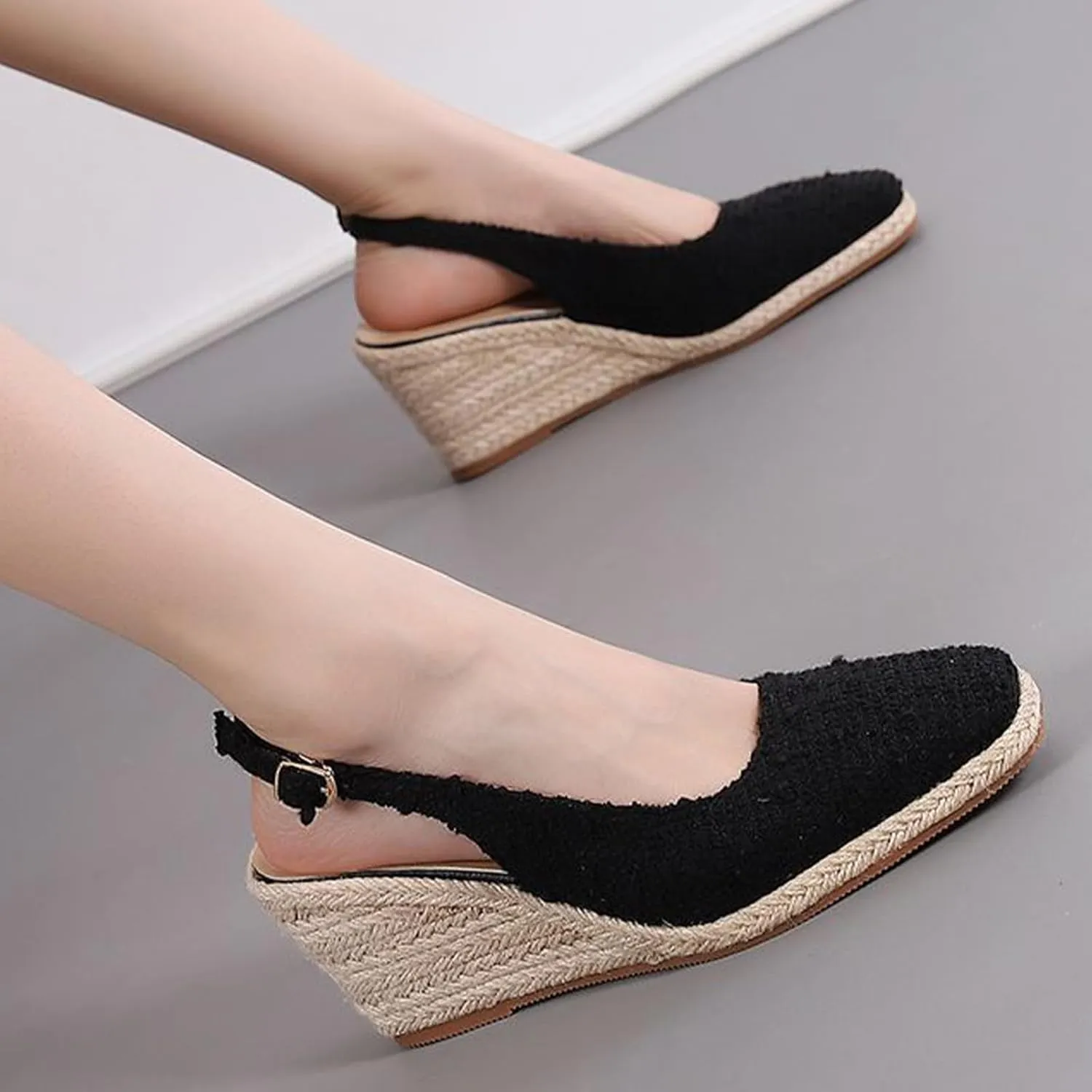 Crepuscute Women's Flax Closed-Toe Espadrille Wedge Sandals with Adjustable Ankle Strap Summer Outdoor Party Comfortable Causal Shoes