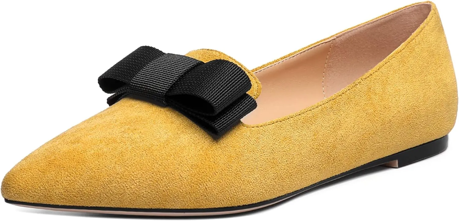 Eldof Women's Loafer Flat Pointed Toe Bow Tie Ballet Slip on Comfortable Dress Work Shoes
