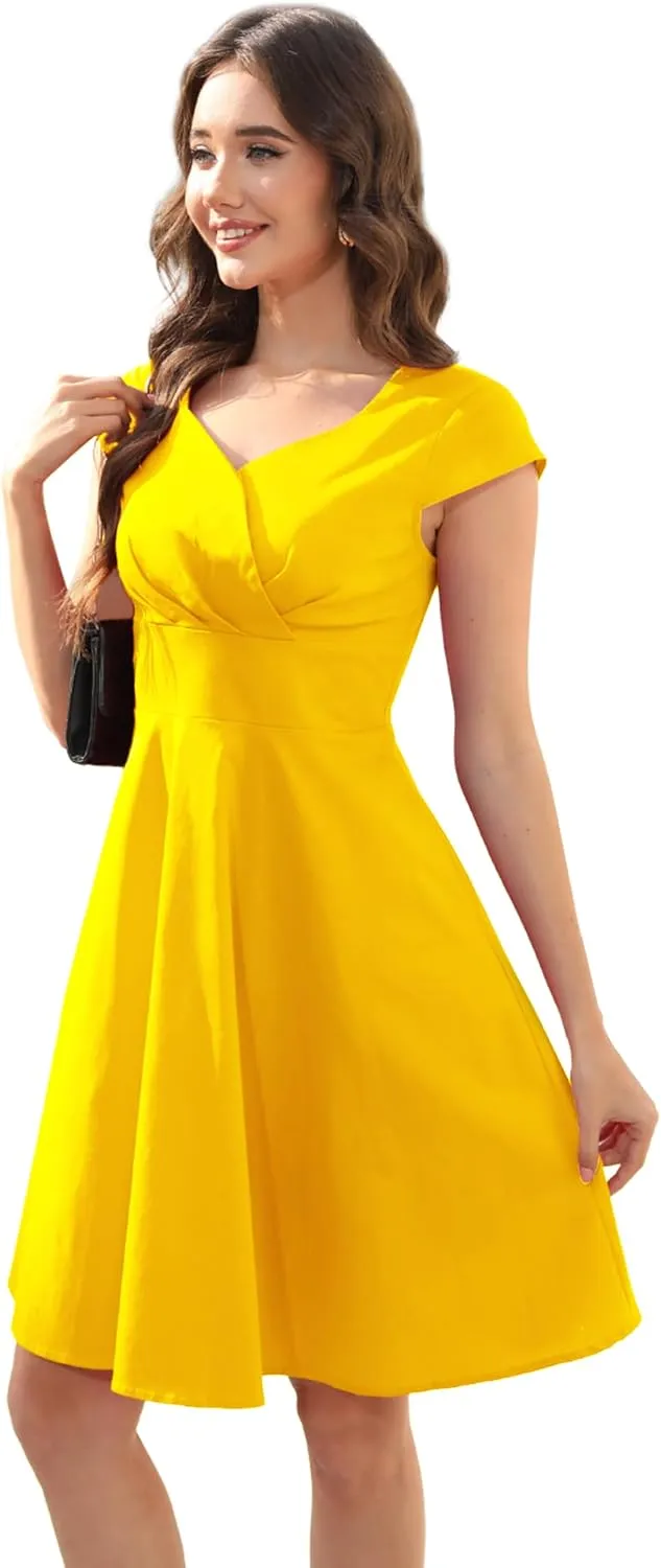 Ellames Women's 1950s Retro Vintage Dresses Elegant 2025 Cocktail Party Dress Cap Sleeve Dress with Pocket