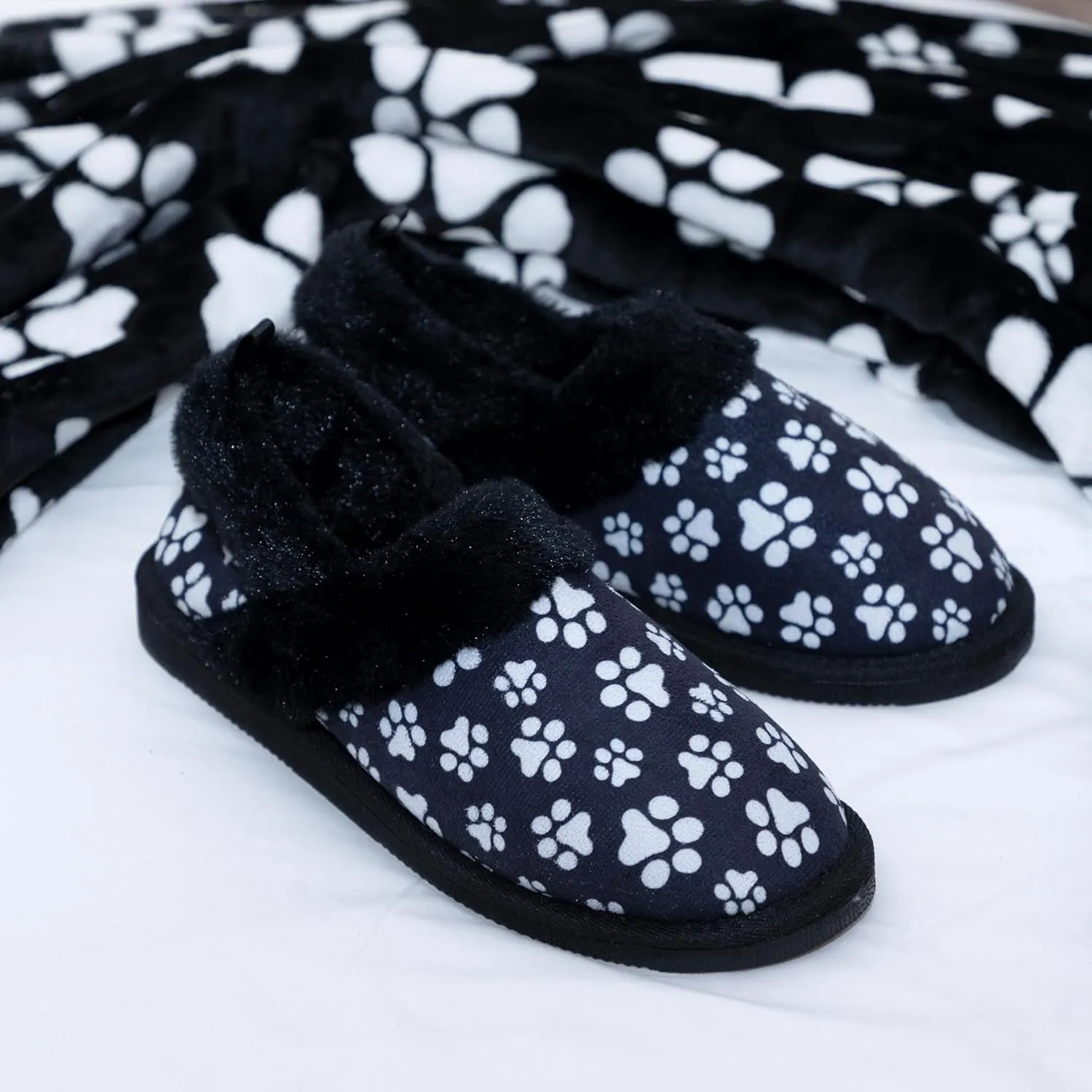 GreaterGood Paw Print Faux Fur Lined Indoor/Outdoor Slippers