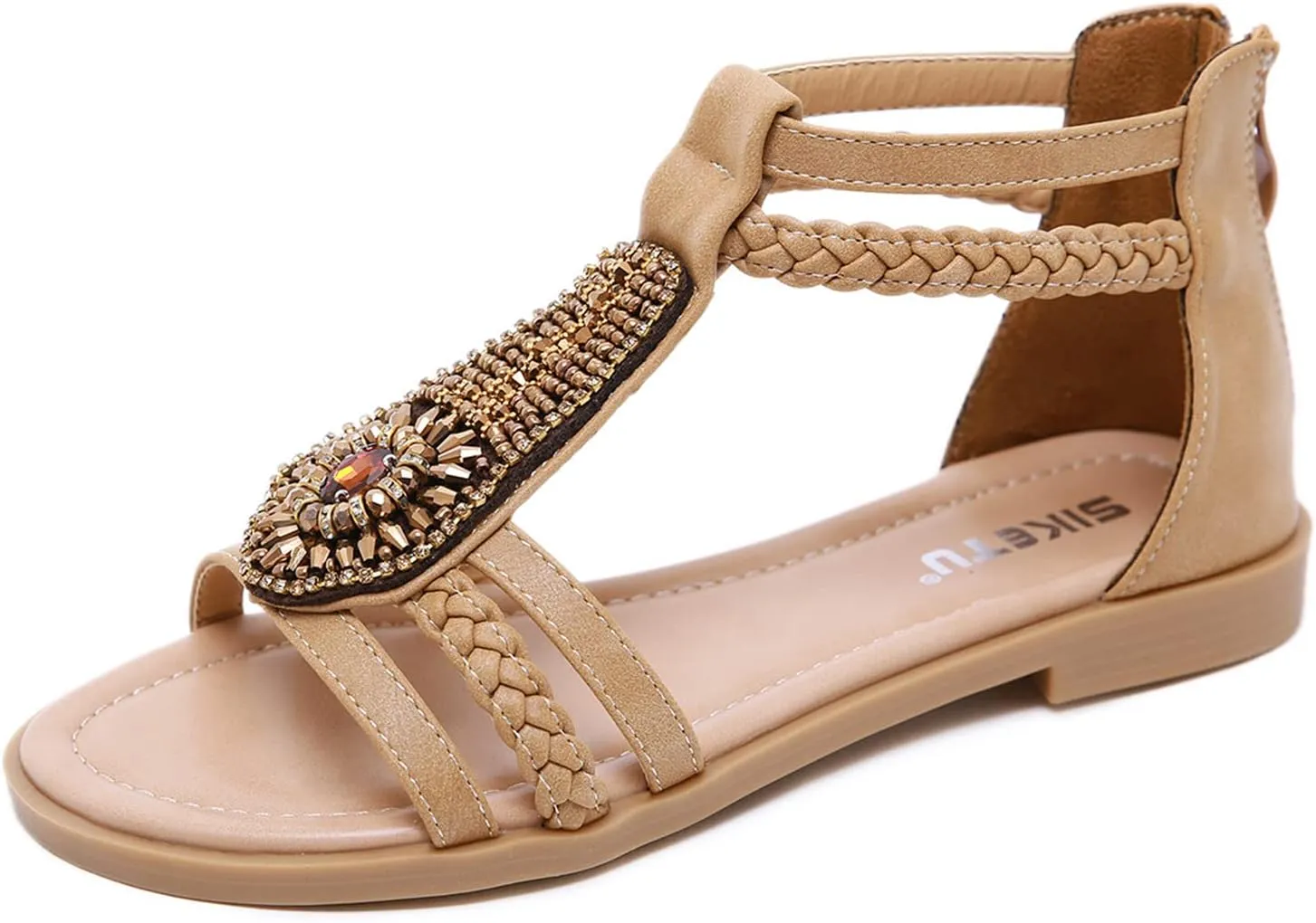 HINDOLA Womens Bohemian Sandals Bead Style Bead Beach Sandal Summer Comfy Open Toe Sandals Ankle Strap Gladiator Flat Sandals