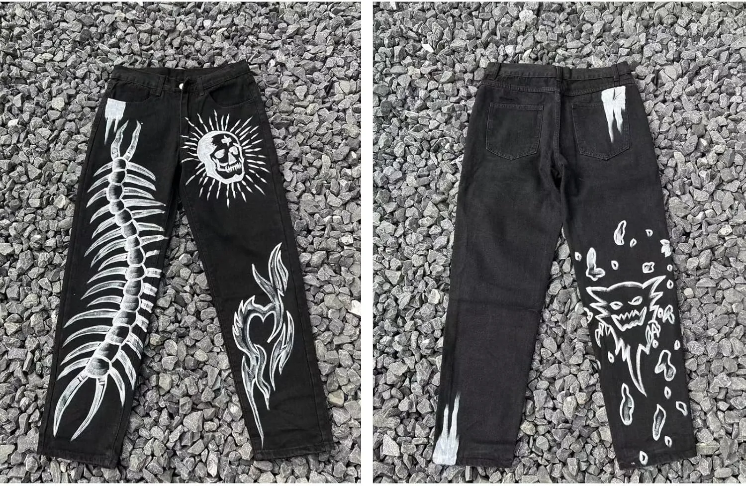 jupkem Baggy Jeans Men Grunge Skull Pants Y2k Gothic Wide Leg Graphic Jean Punk Hiphop Denim Jeans 90s Cool Streetwear