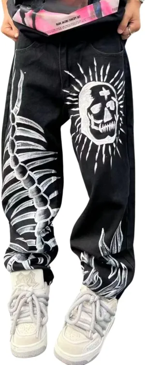 jupkem Baggy Jeans Men Grunge Skull Pants Y2k Gothic Wide Leg Graphic Jean Punk Hiphop Denim Jeans 90s Cool Streetwear
