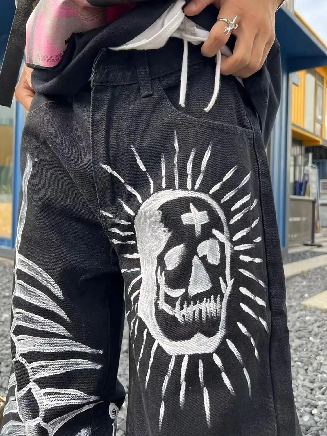 jupkem Baggy Jeans Men Grunge Skull Pants Y2k Gothic Wide Leg Graphic Jean Punk Hiphop Denim Jeans 90s Cool Streetwear