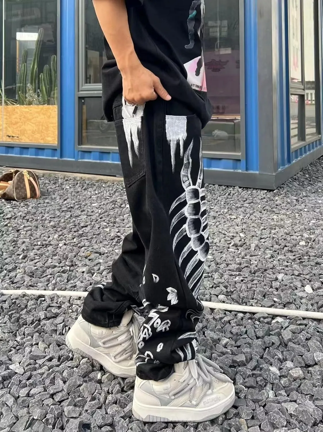jupkem Baggy Jeans Men Grunge Skull Pants Y2k Gothic Wide Leg Graphic Jean Punk Hiphop Denim Jeans 90s Cool Streetwear