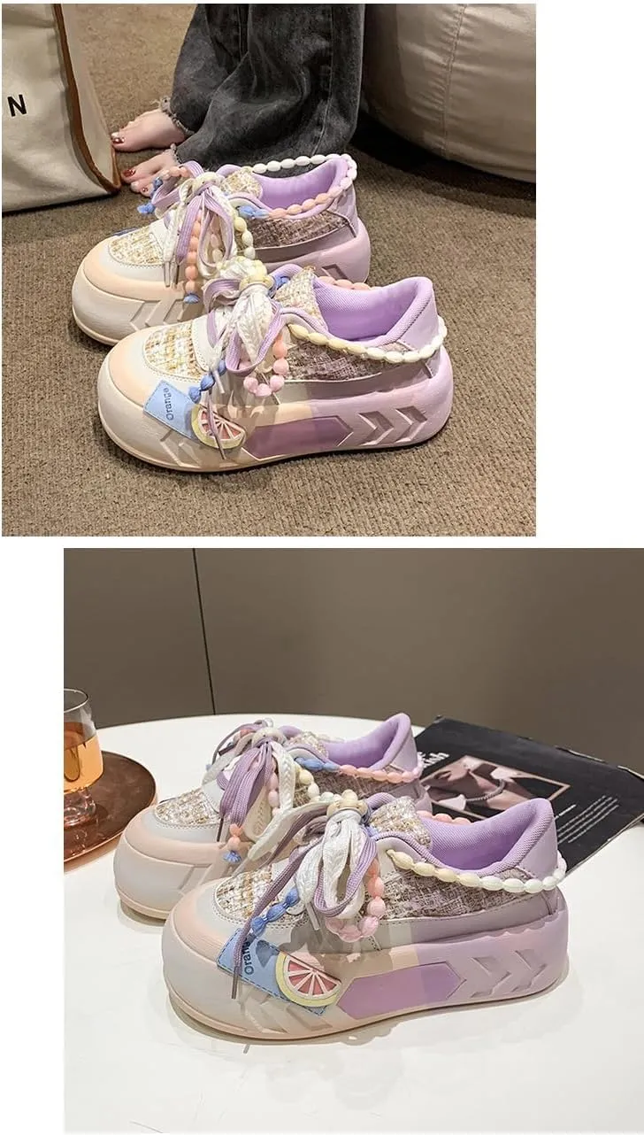 Kawaii Women's Y2K Platform Chunky Sneakers - Cute Linen Thick Roundhead Rave Travel Shoes