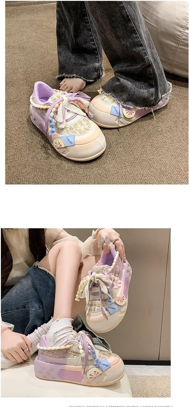 Kawaii Women's Y2K Platform Chunky Sneakers - Cute Linen Thick Roundhead Rave Travel Shoes