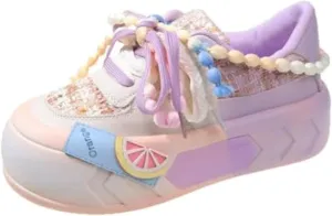 Kawaii Women's Y2K Platform Chunky Sneakers - Cute Linen Thick Roundhead Rave Travel Shoes