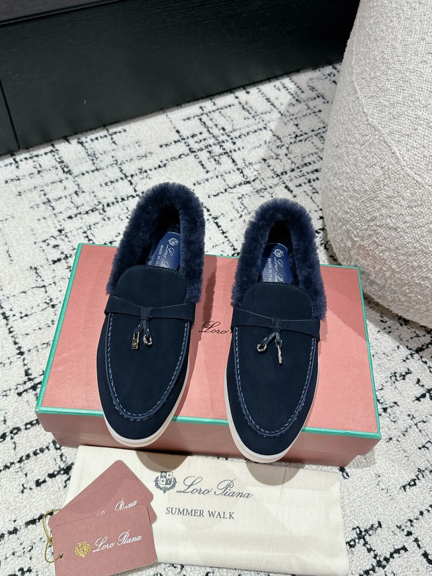 LP Summer Charms Walk Loafers In Deep Blue Suede With Rabbit Fur Lining 985643