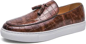 Men's Leather Slip-On Sneakers with Tassel Design | Casual Loafers | Lightweight & Non-Slip | Comfortable Shoes for Business, Office, Dress