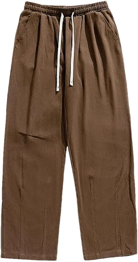 Men's Loose Fit Wide-Leg Cotton Pants with Drawstring Waist Vintage Casual Streetwear Trousers