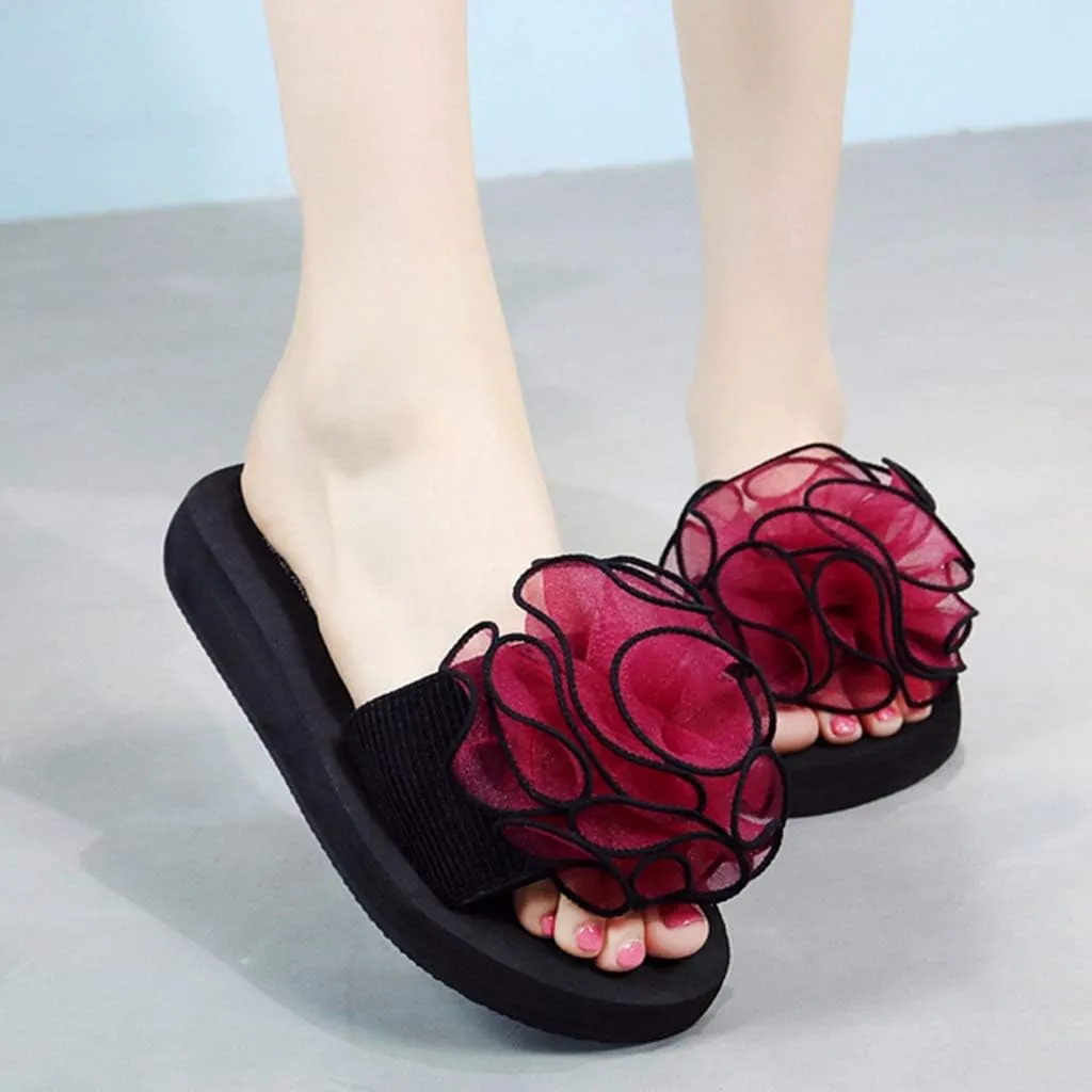 MIOKE Women's Bohemian Flower Flat Slide Sandals Fashion Comfort Anti-Slip Platform Summer Beach Sandals