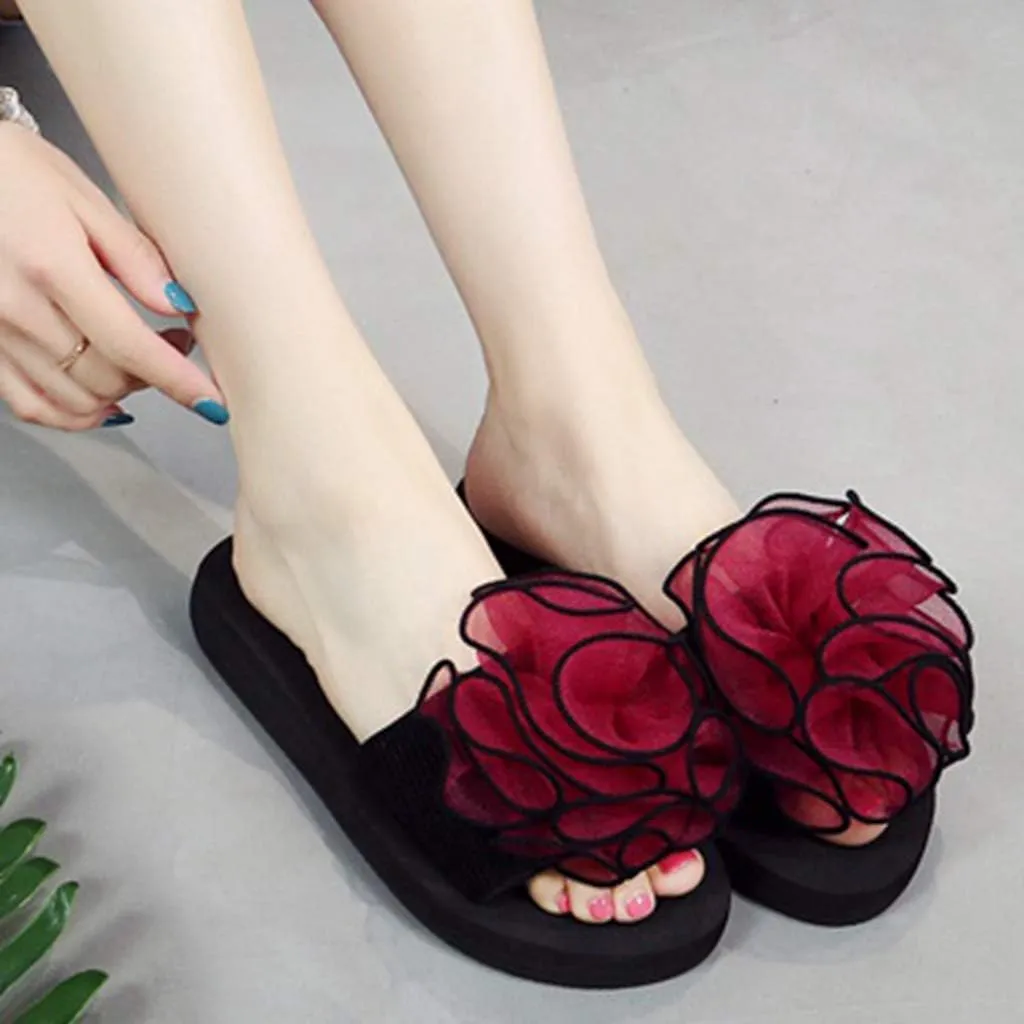 MIOKE Women's Bohemian Flower Flat Slide Sandals Fashion Comfort Anti-Slip Platform Summer Beach Sandals