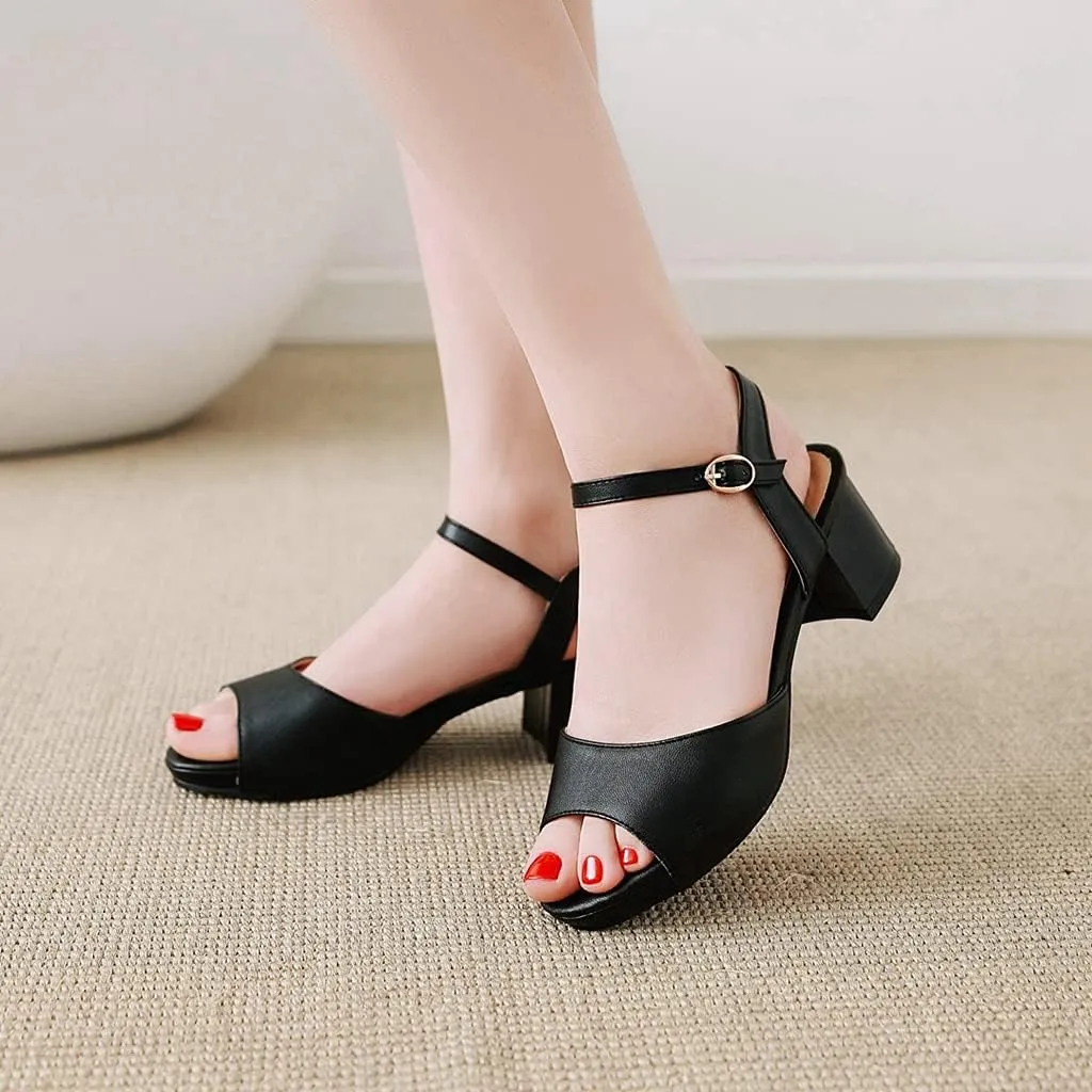 MIOKE Women's Fashion T-strap Buckle Heeled Sandals Open Toe Ankle Strap Summer Block Heel Dress Sandal