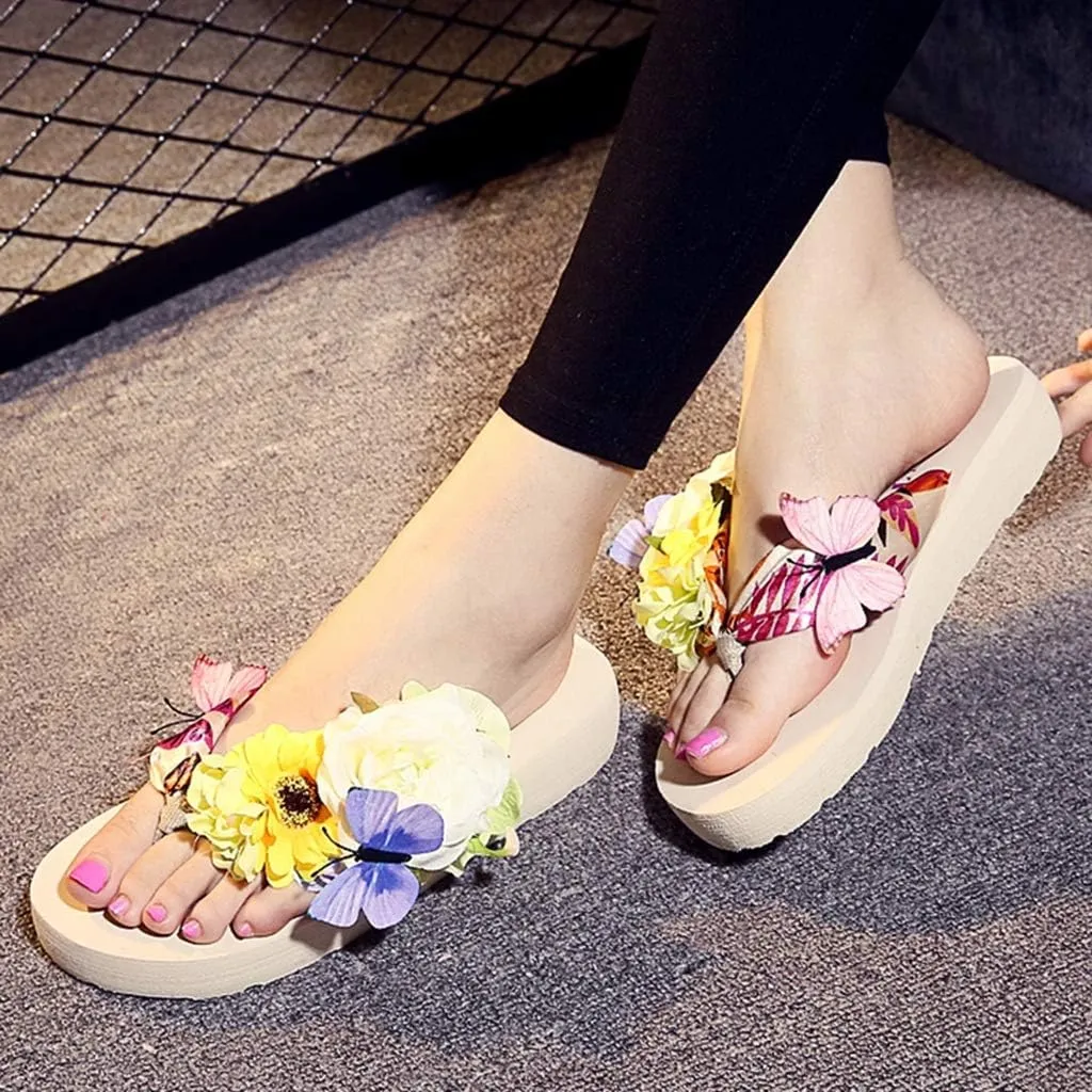 MIOKE Women's Flower Flat Platform Flipflops Bohemia Butterfly Summer Comfort Nonslip Beach Thong Sandals