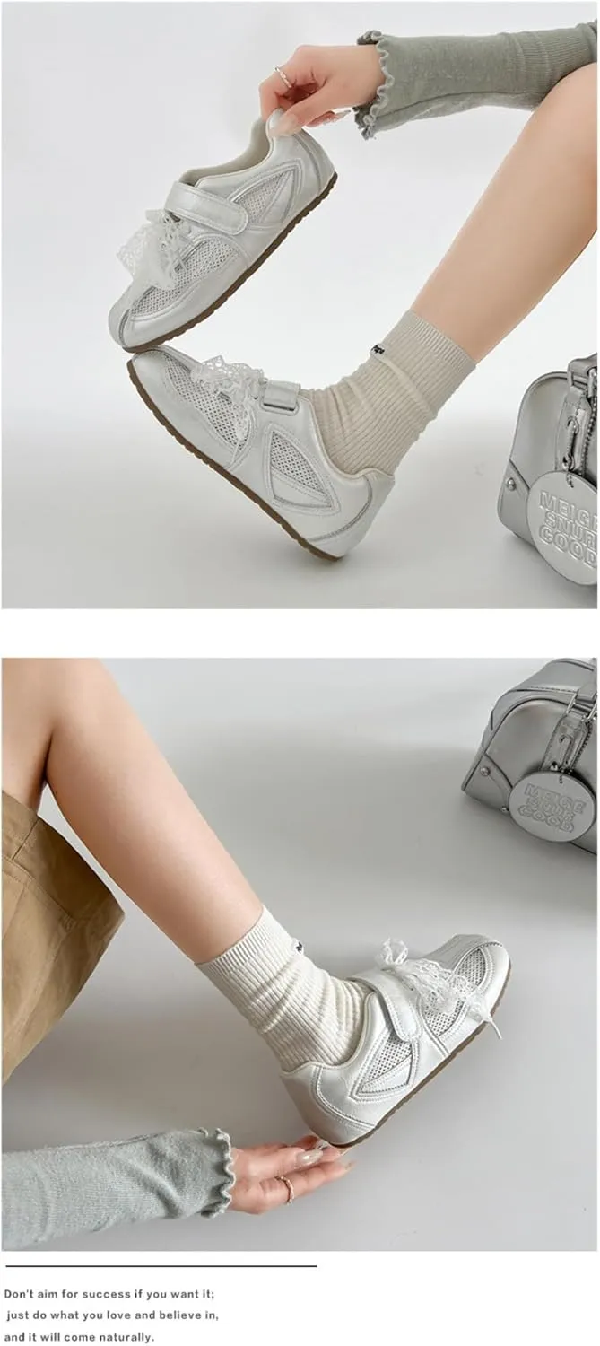 Sneakerina Bow Ballet Sneakers for Women Cute Ballerina Sneakers Flat Breathable Mesh Leather No Slip Round Toes Straps Lightweight Dress Shoes Slip on Preppy Back to School Gifts for Girls Teens