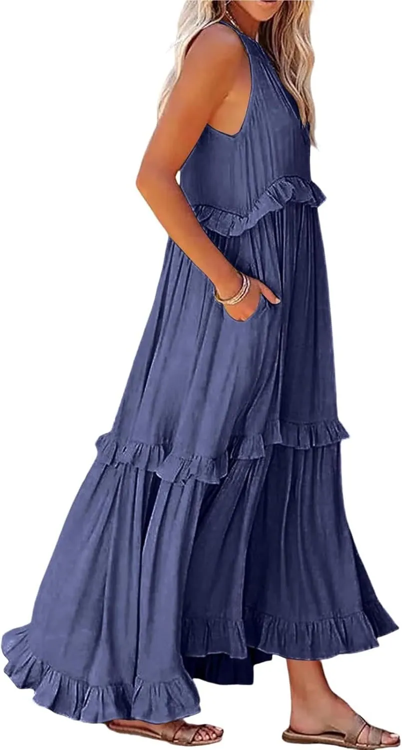 Summer Sleeveless Dress for Women Crew Halter Neck Tiered Pleated Loose Flowy Ruffle Maxi Sundress for Beach Vacation