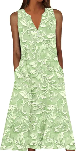 Sundresses for Women Boho Floral Print Tank Dress V-Neck A Line Vintage Summer Vacation Midi Dresses