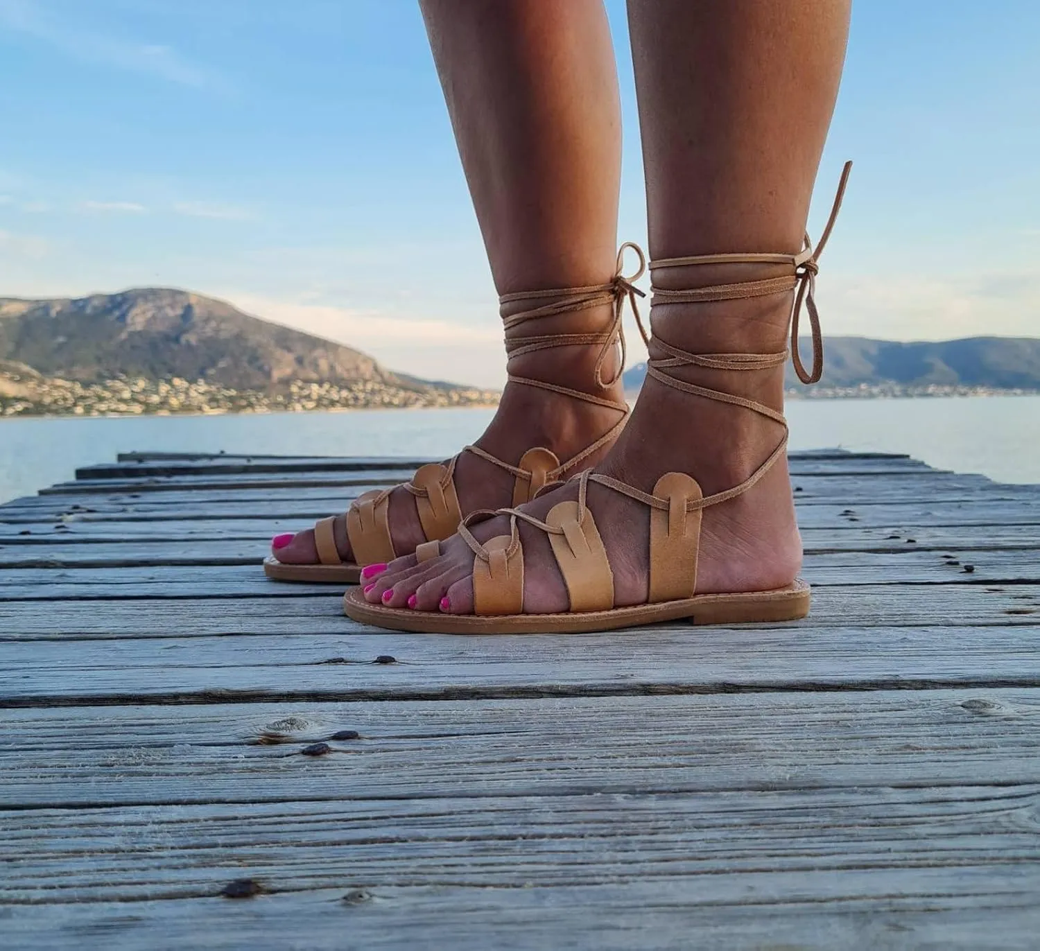 Tie Up Greek leather Sandals, Black Ankle wrap flat Sandals, Toe ring Lace up shoes women, Summer leather Shoes, Gladiator Sandals, Handmade (US9, Natural)