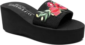 VOKLIN Women's Embroidered Flower Wedge High Heel Slide Sandals Summer Comfort Nonlip Platform Beach Sandal
