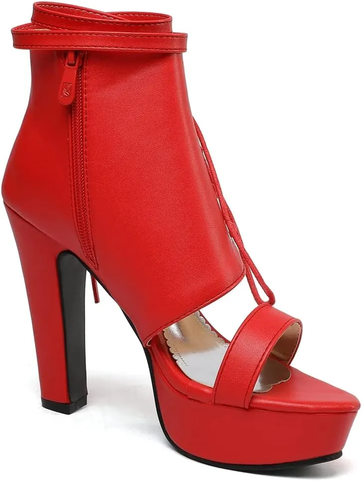 VOKLIN Women's Fashion Strappy Chunky Block High Heel Sandals Open Toe Buckle Zip Platform Dress Heeled Sandal