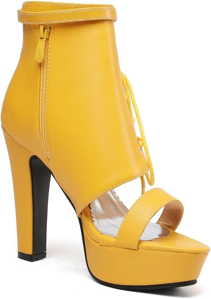 VOKLIN Women's Fashion Strappy Chunky Block High Heel Sandals Open Toe Buckle Zip Platform Dress Heeled Sandal