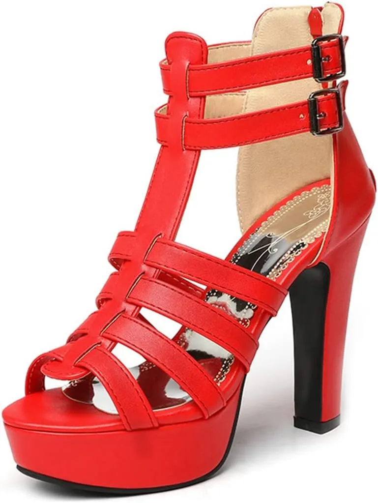 VOKLIN Women's Fashion Strappy Chunky Block High Heel Sandals Open Toe Buckle Zip Platform Dress Heeled Sandal