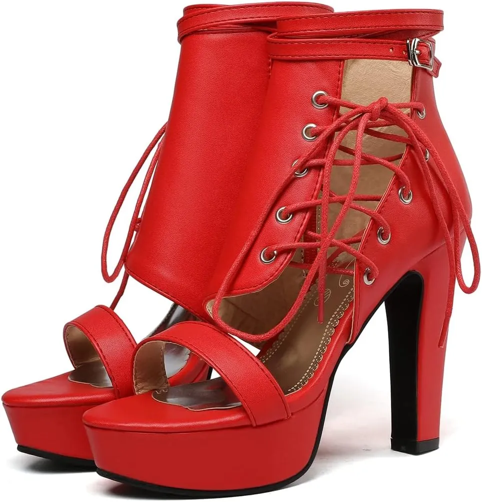 VOKLIN Women's Fashion Strappy Chunky Block High Heel Sandals Open Toe Buckle Zip Platform Dress Heeled Sandal