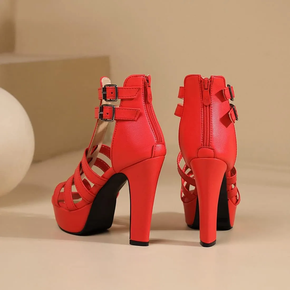 VOKLIN Women's Fashion Strappy Chunky Block High Heel Sandals Open Toe Buckle Zip Platform Dress Heeled Sandal