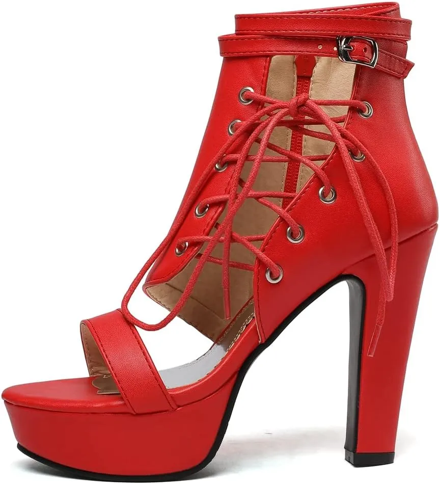 VOKLIN Women's Fashion Strappy Chunky Block High Heel Sandals Open Toe Buckle Zip Platform Dress Heeled Sandal