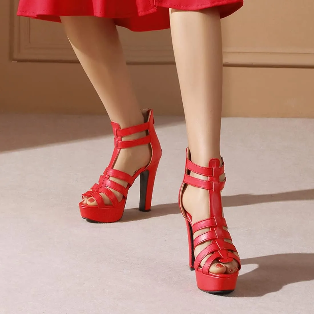 VOKLIN Women's Fashion Strappy Chunky Block High Heel Sandals Open Toe Buckle Zip Platform Dress Heeled Sandal