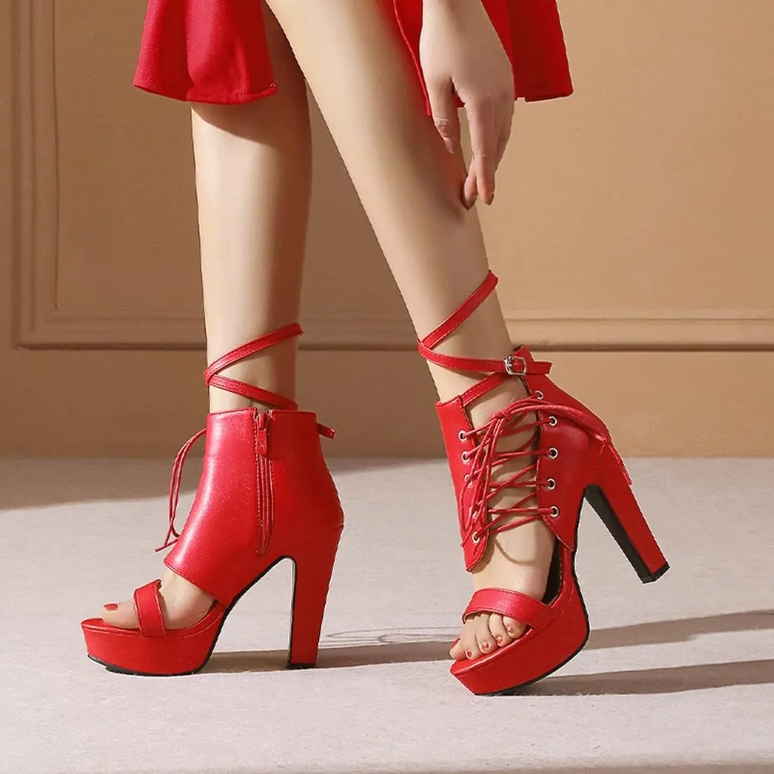 VOKLIN Women's Fashion Strappy Chunky Block High Heel Sandals Open Toe Buckle Zip Platform Dress Heeled Sandal