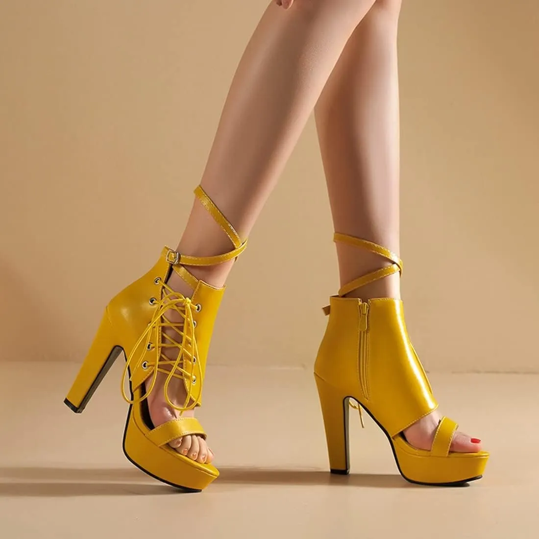 VOKLIN Women's Fashion Strappy Chunky Block High Heel Sandals Open Toe Buckle Zip Platform Dress Heeled Sandal