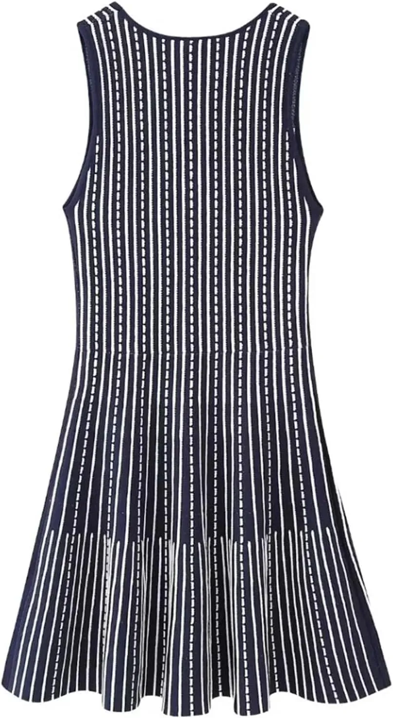 Women O Neck Sleeveless Striped Patchwork Slim Mini Dress Female Chic Vest