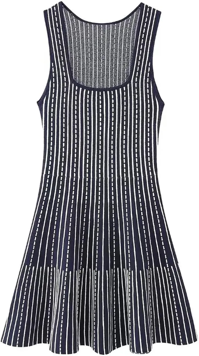 Women O Neck Sleeveless Striped Patchwork Slim Mini Dress Female Chic Vest