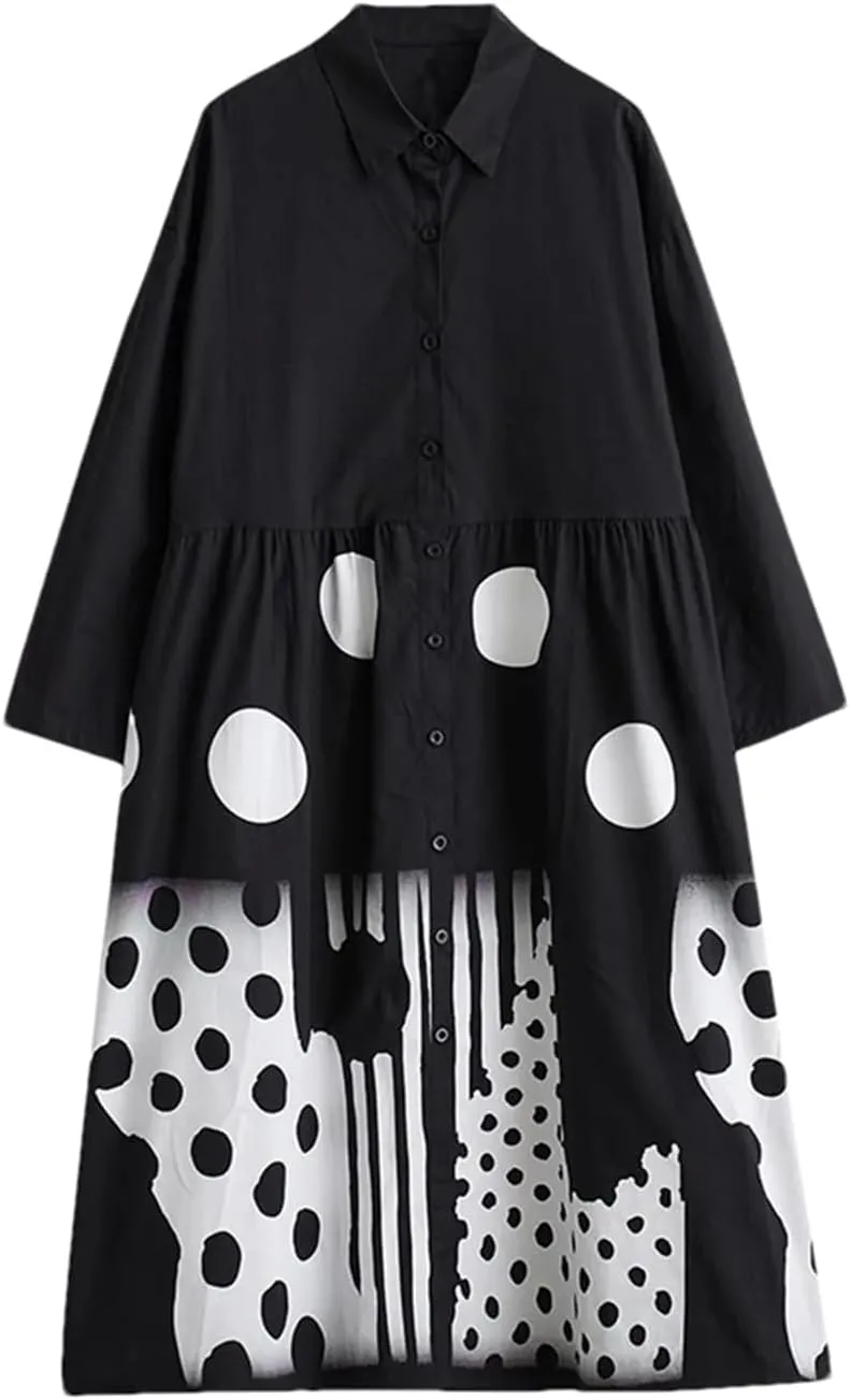 Women Patchwork Print Shirt Dresses Long Vintage Sleeve A-Line Loose Mid Casual Dress Robe
