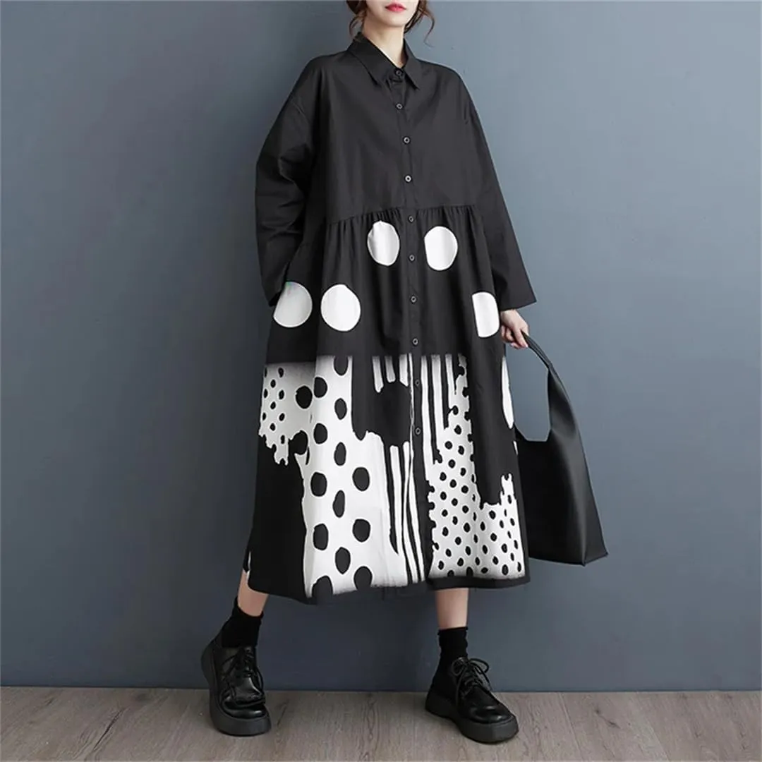 Women Patchwork Print Shirt Dresses Long Vintage Sleeve A-Line Loose Mid Casual Dress Robe