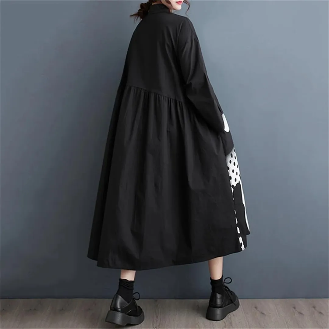 Women Patchwork Print Shirt Dresses Long Vintage Sleeve A-Line Loose Mid Casual Dress Robe